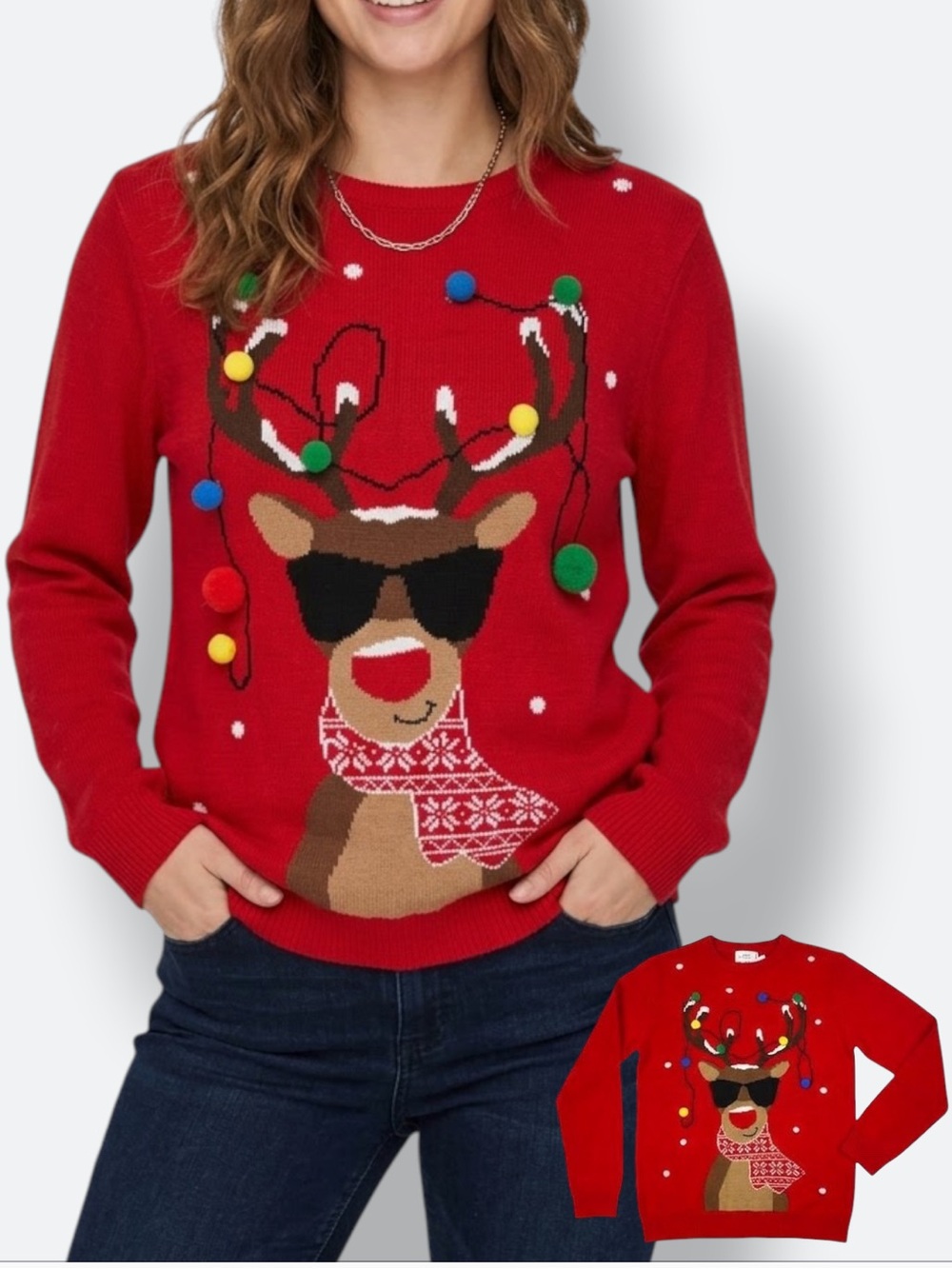 Ugly Christmas Sweater Crew Neck Rudolph Reindeer Red Women Plus XXL